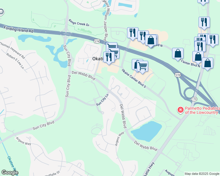 map of restaurants, bars, coffee shops, grocery stores, and more near 1 Padgett Court in Bluffton