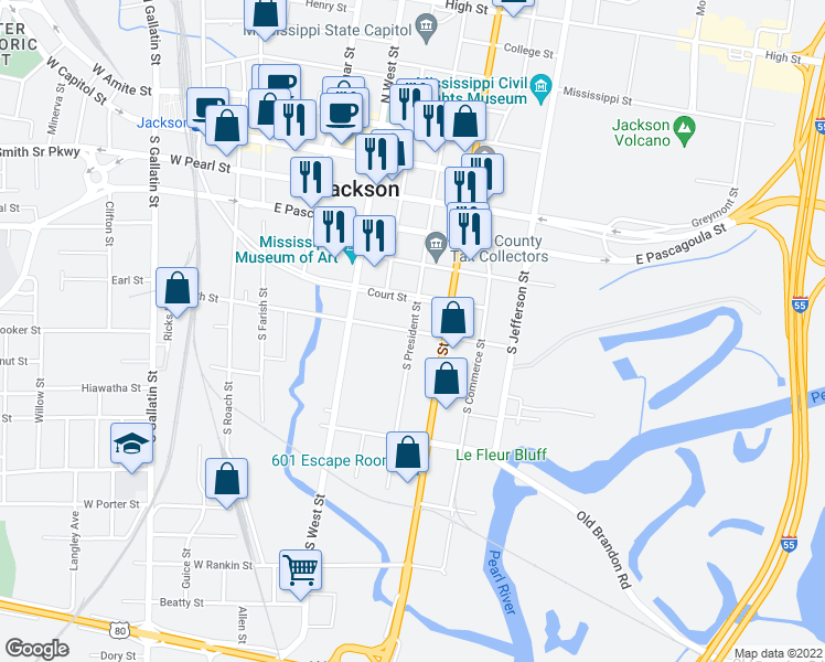 map of restaurants, bars, coffee shops, grocery stores, and more near South President Street in Jackson