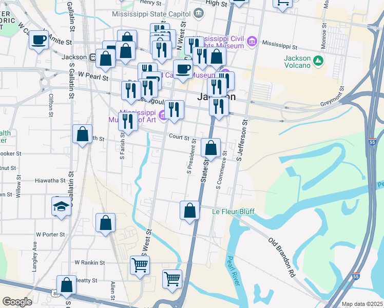 map of restaurants, bars, coffee shops, grocery stores, and more near South President Street in Jackson
