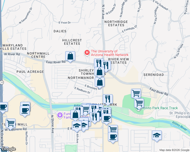 map of restaurants, bars, coffee shops, grocery stores, and more near 660 East River Road in Tucson