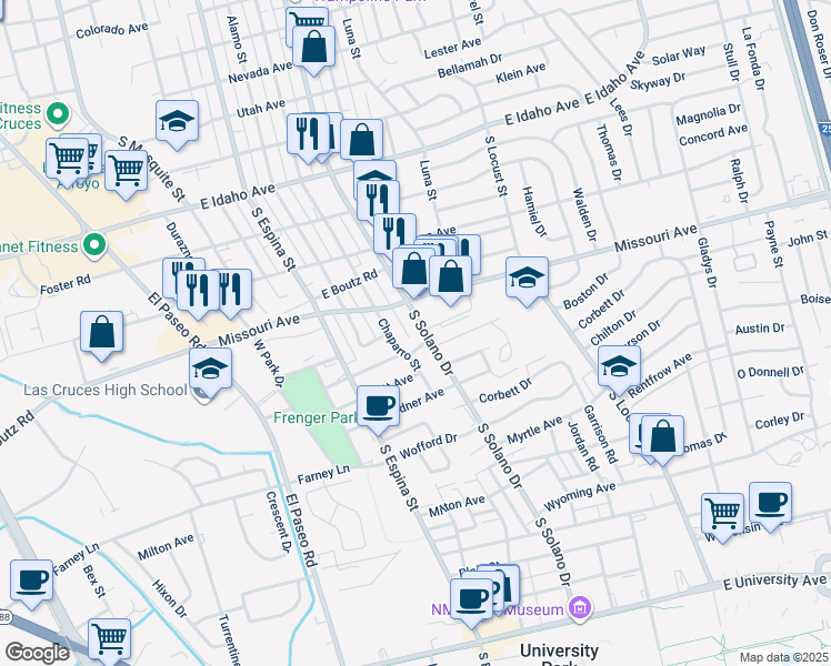 map of restaurants, bars, coffee shops, grocery stores, and more near 1801 Chaparro Street in Las Cruces