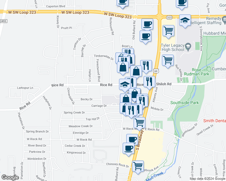 map of restaurants, bars, coffee shops, grocery stores, and more near 5105 Old Bullard Road in Tyler