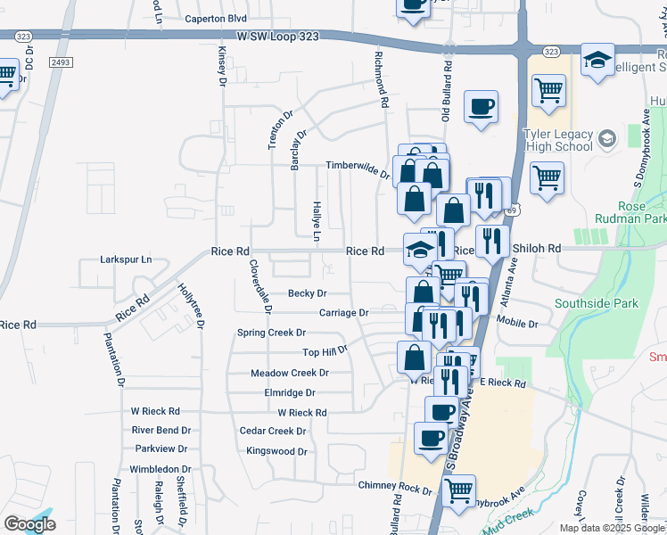 map of restaurants, bars, coffee shops, grocery stores, and more near 507 Becky Drive in Tyler