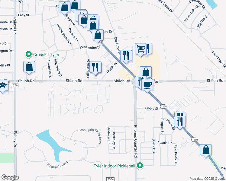 map of restaurants, bars, coffee shops, grocery stores, and more near 2875 Shiloh Road in Tyler