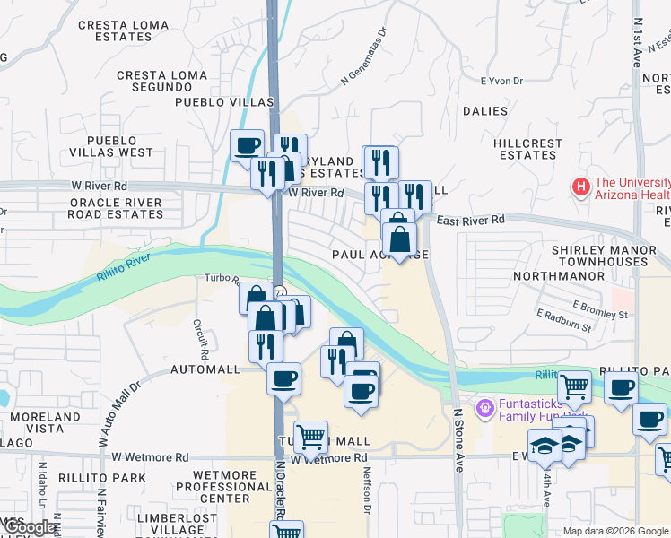 map of restaurants, bars, coffee shops, grocery stores, and more near Buffalo Trail in Tucson
