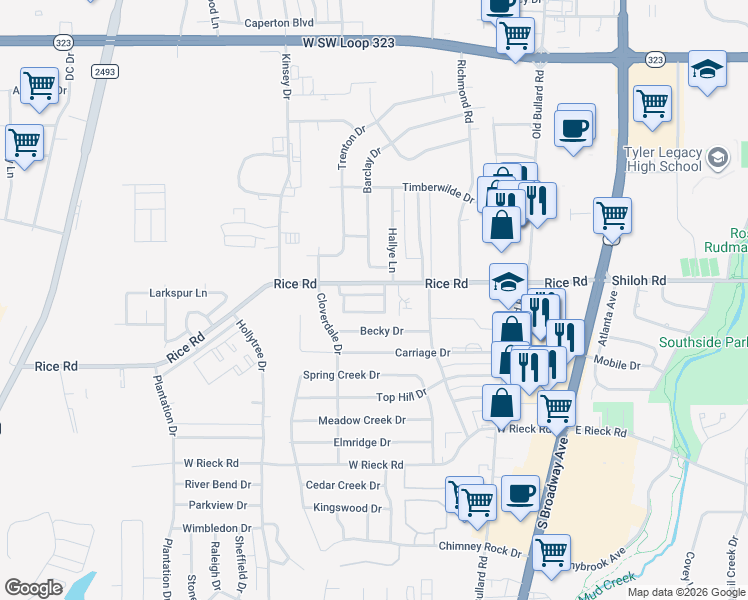 map of restaurants, bars, coffee shops, grocery stores, and more near 606 Paloma Street in Tyler