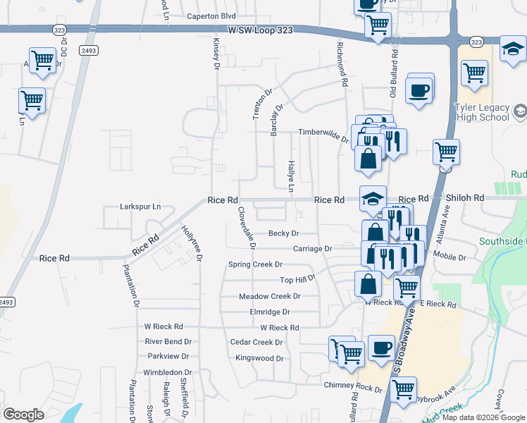 map of restaurants, bars, coffee shops, grocery stores, and more near 5203 Katie Drive in Tyler