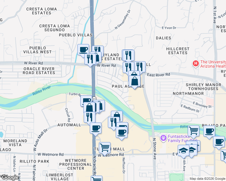 map of restaurants, bars, coffee shops, grocery stores, and more near Buffalo Trail in Tucson