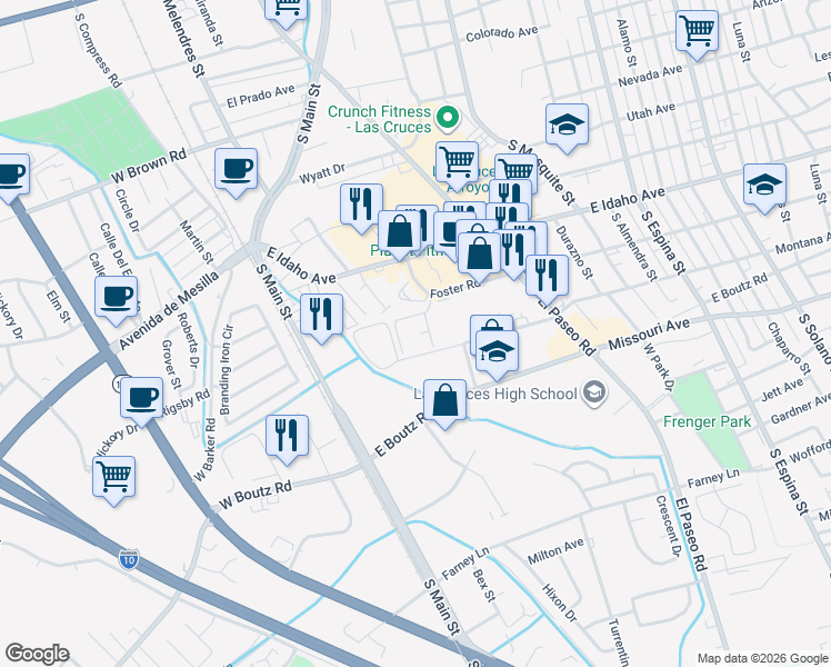 map of restaurants, bars, coffee shops, grocery stores, and more near 316 Foster Road in Las Cruces