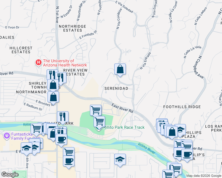 map of restaurants, bars, coffee shops, grocery stores, and more near 1251 East River Road in Tucson
