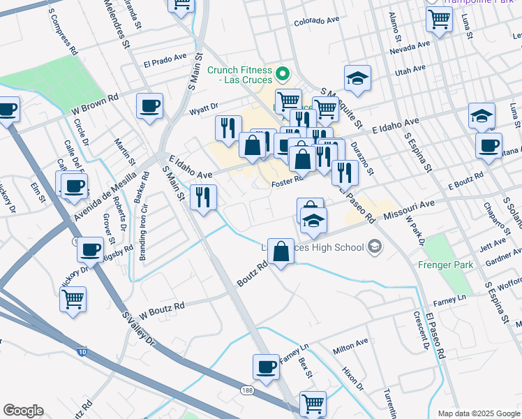 map of restaurants, bars, coffee shops, grocery stores, and more near 316 Foster Road in Las Cruces