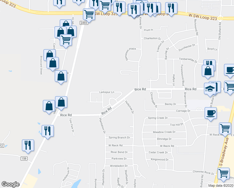 map of restaurants, bars, coffee shops, grocery stores, and more near 1118 Larkspur Lane in Tyler