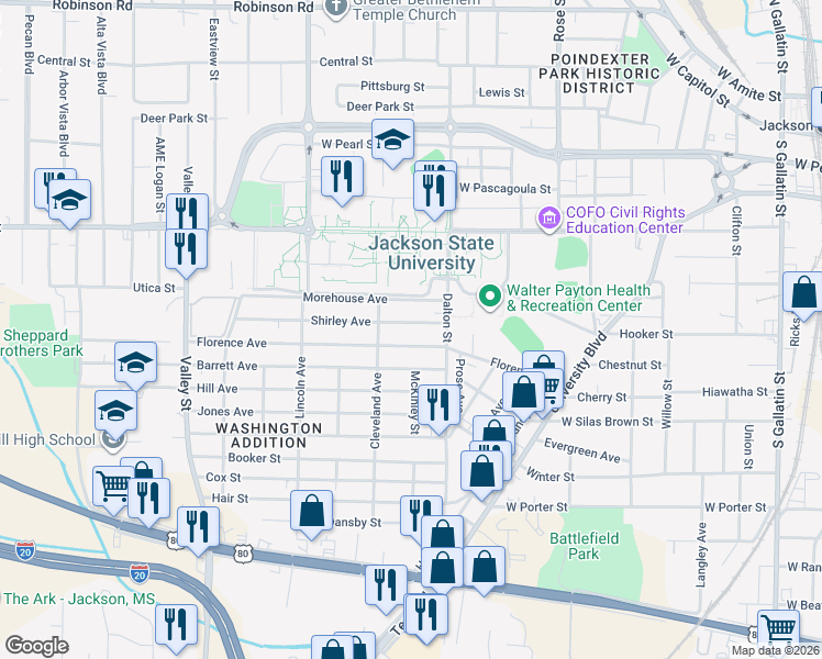 map of restaurants, bars, coffee shops, grocery stores, and more near 1233 Florence Avenue in Jackson