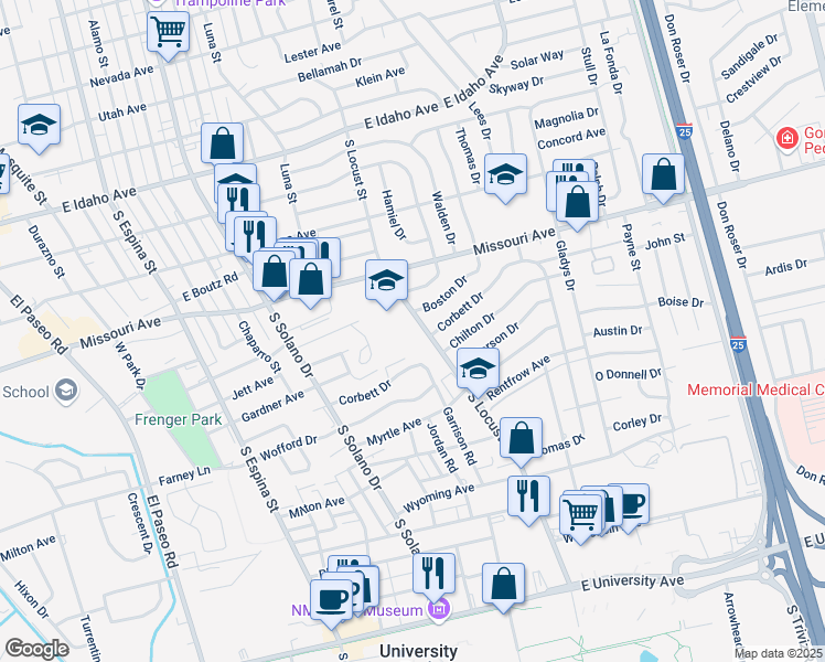 map of restaurants, bars, coffee shops, grocery stores, and more near 1840 South Locust Street in Las Cruces