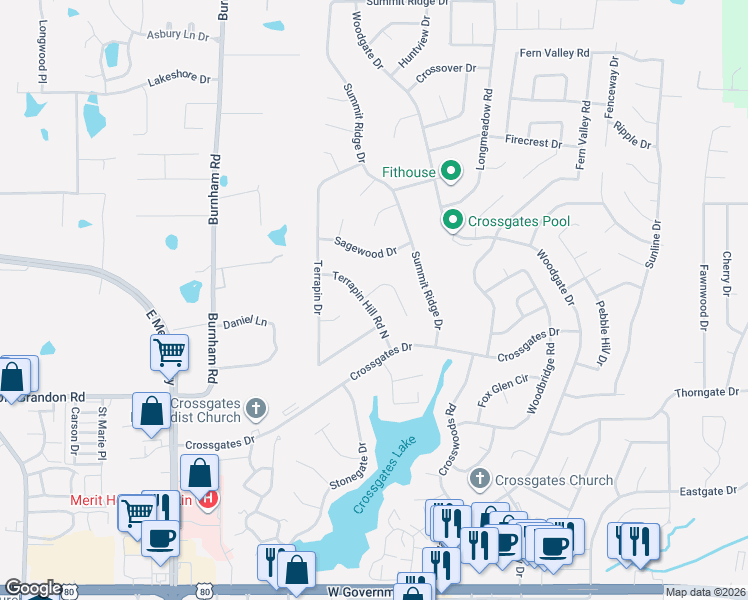 map of restaurants, bars, coffee shops, grocery stores, and more near 54 Terrapin Hill Road North in Brandon