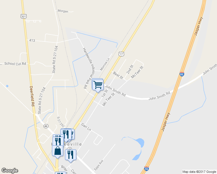 map of restaurants, bars, coffee shops, grocery stores, and more near 1st Street in Hardeeville