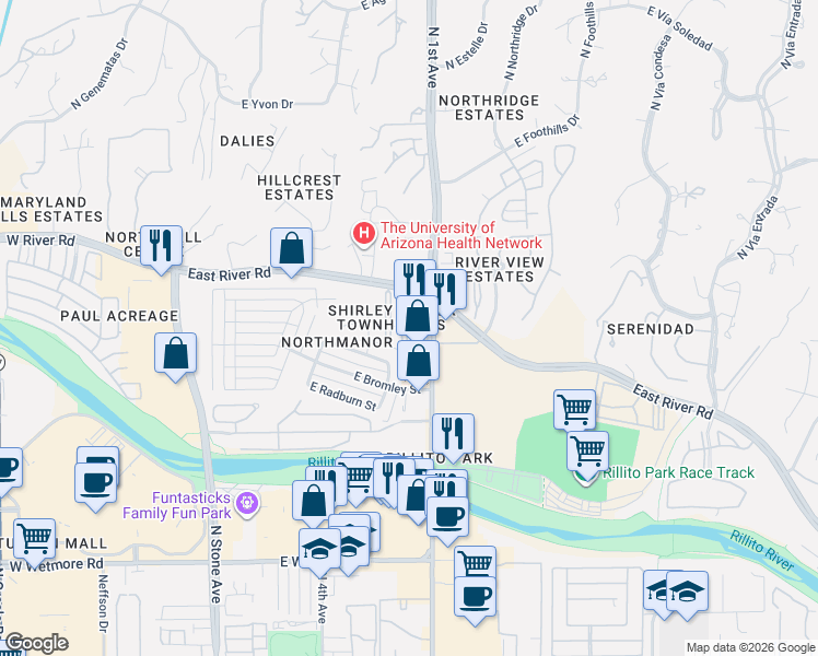 map of restaurants, bars, coffee shops, grocery stores, and more near 660 East River Road in Tucson