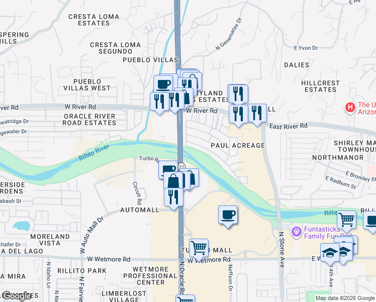 map of restaurants, bars, coffee shops, grocery stores, and more near Buffalo Trail in Tucson
