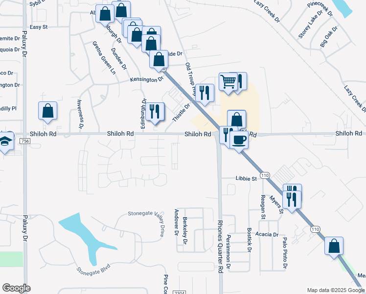 map of restaurants, bars, coffee shops, grocery stores, and more near 2901-3001 Shiloh Rd in Tyler