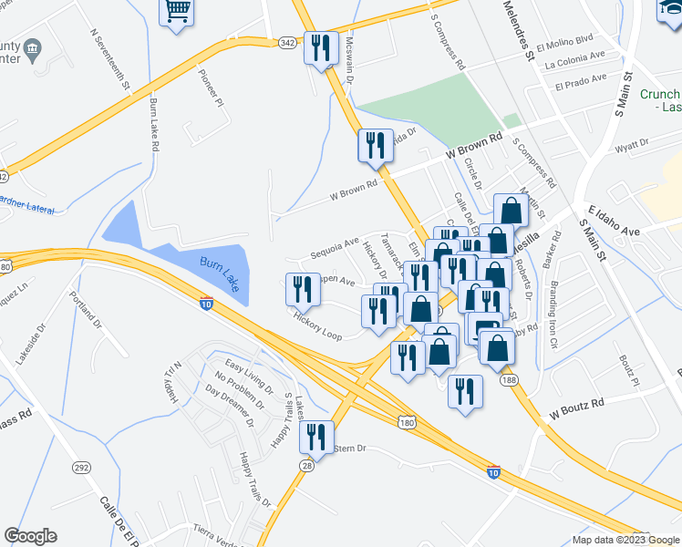 map of restaurants, bars, coffee shops, grocery stores, and more near 1712 Aspen Court in Las Cruces