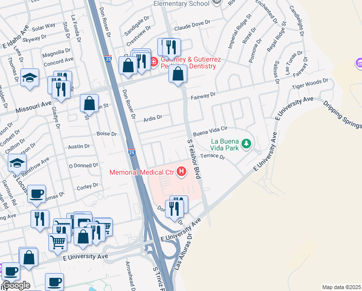 map of restaurants, bars, coffee shops, grocery stores, and more near 2841 Buena Vida Court in Las Cruces