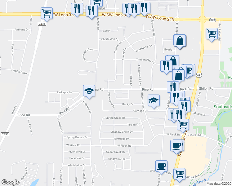 map of restaurants, bars, coffee shops, grocery stores, and more near Shiloh Ridge Street in Tyler