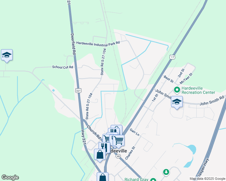 map of restaurants, bars, coffee shops, grocery stores, and more near Stiney Funeral Home Road in Hardeeville