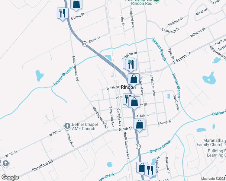 map of restaurants, bars, coffee shops, grocery stores, and more near 504 North Carolina Avenue in Rincon