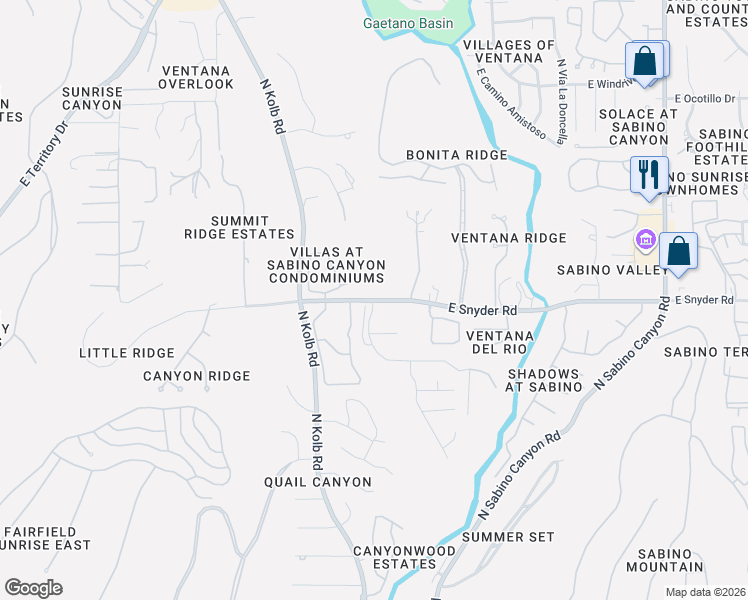 map of restaurants, bars, coffee shops, grocery stores, and more near 7301 East Snyder Road in Tucson