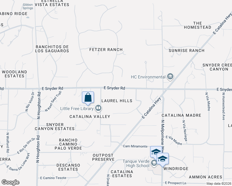map of restaurants, bars, coffee shops, grocery stores, and more near 10767-10851 East Snyder Road in Tucson