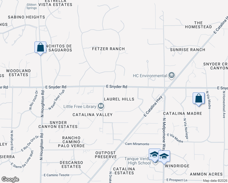 map of restaurants, bars, coffee shops, grocery stores, and more near 10800 East Snyder Road in Tucson