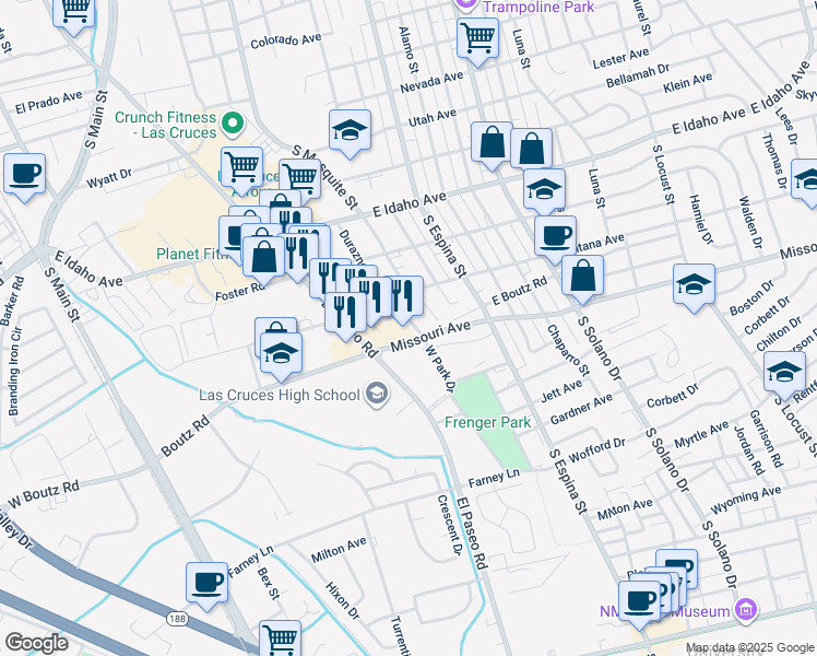 map of restaurants, bars, coffee shops, grocery stores, and more near 1555 Durazno Street in Las Cruces