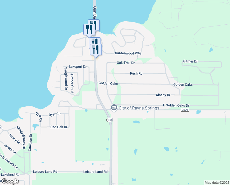map of restaurants, bars, coffee shops, grocery stores, and more near 110 East Golden Oaks Drive in Mabank