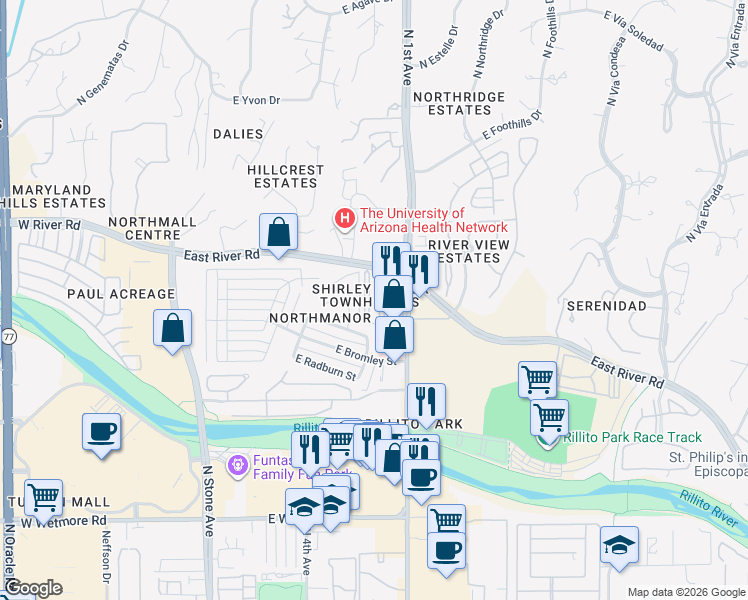 map of restaurants, bars, coffee shops, grocery stores, and more near 660 East River Road in Tucson