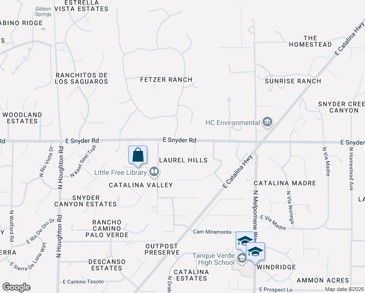 map of restaurants, bars, coffee shops, grocery stores, and more near 10800 East Snyder Road in Tucson