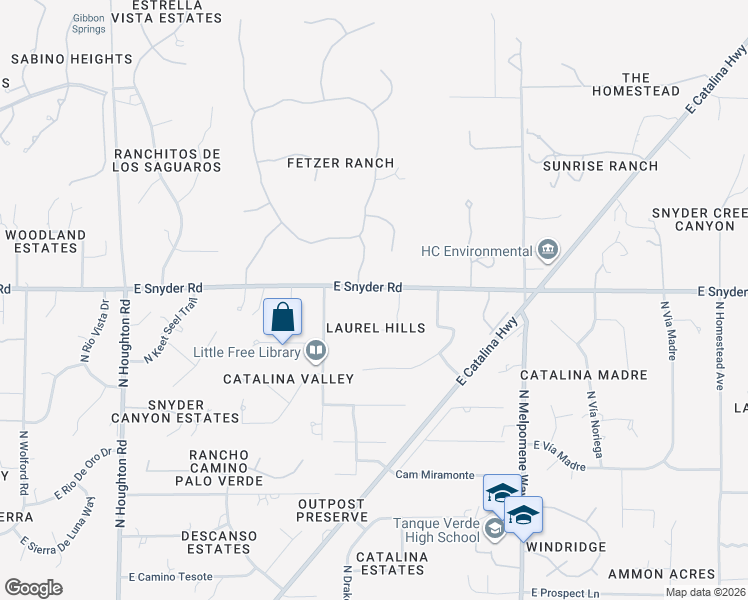 map of restaurants, bars, coffee shops, grocery stores, and more near 10800 East Snyder Road in Tucson