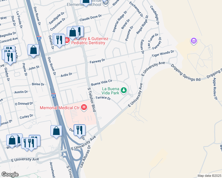 map of restaurants, bars, coffee shops, grocery stores, and more near 3045 Buena Vida Circle in Las Cruces