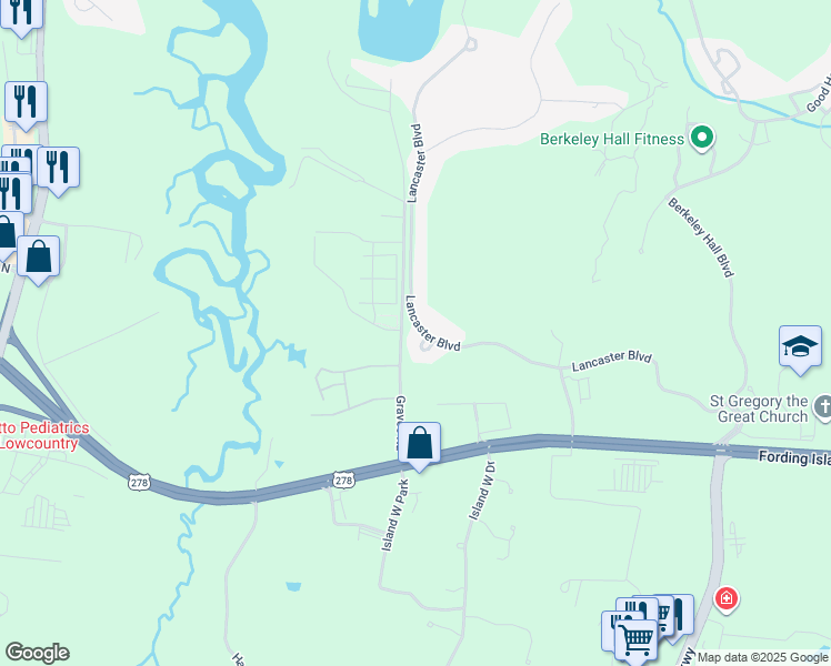 map of restaurants, bars, coffee shops, grocery stores, and more near 72 Lancaster Boulevard in Bluffton