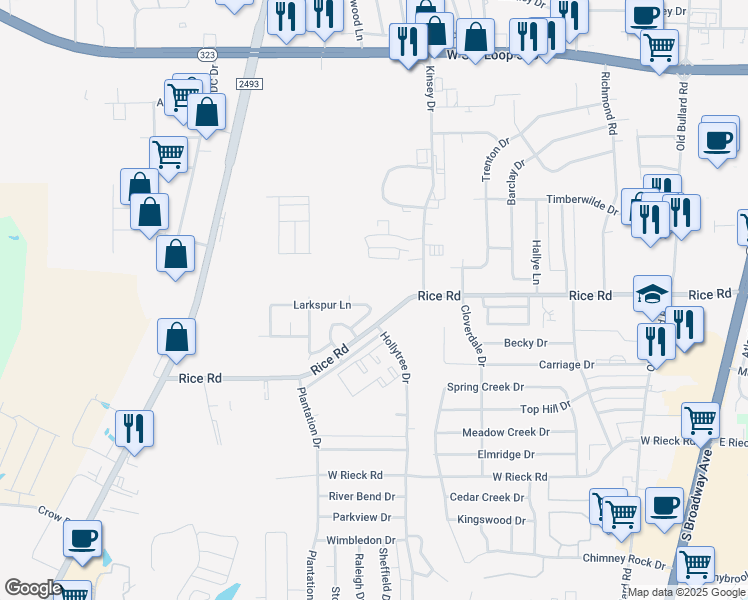 map of restaurants, bars, coffee shops, grocery stores, and more near 1107 Larkspur Lane in Tyler