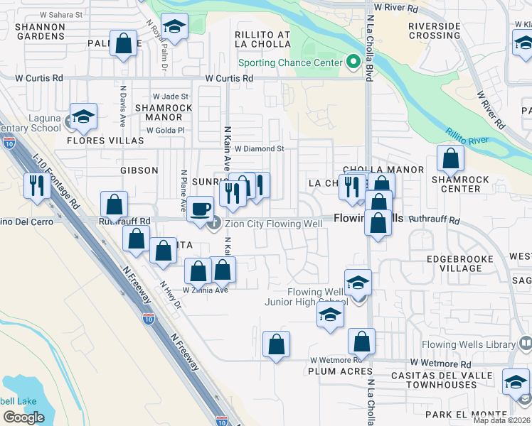 map of restaurants, bars, coffee shops, grocery stores, and more near 4801 North Fellows Avenue in Tucson
