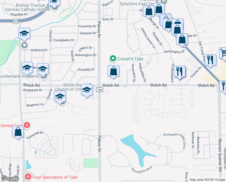 map of restaurants, bars, coffee shops, grocery stores, and more near 1909 Shiloh Road in Tyler