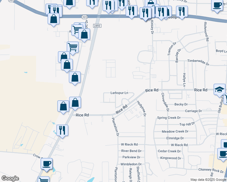 map of restaurants, bars, coffee shops, grocery stores, and more near 1303 Larkspur Lane in Tyler