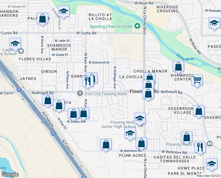 map of restaurants, bars, coffee shops, grocery stores, and more near 4815 North Sullinger Avenue in Tucson