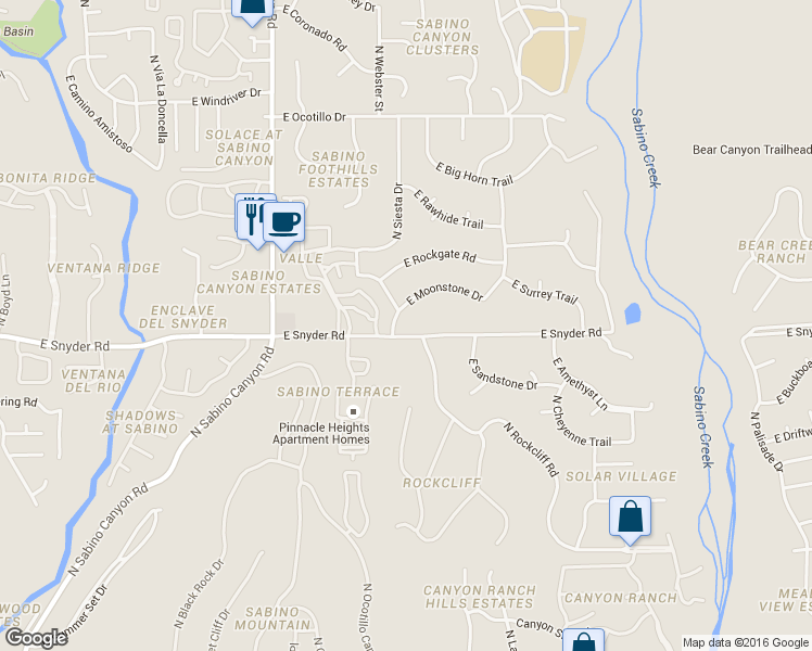 map of restaurants, bars, coffee shops, grocery stores, and more near 8120 East Moonstone Drive in Tucson