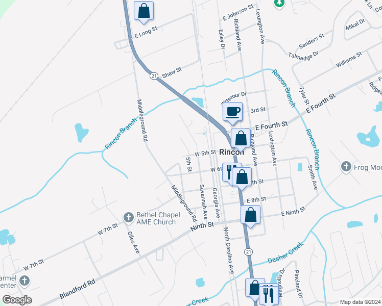map of restaurants, bars, coffee shops, grocery stores, and more near 302 5th Street in Rincon