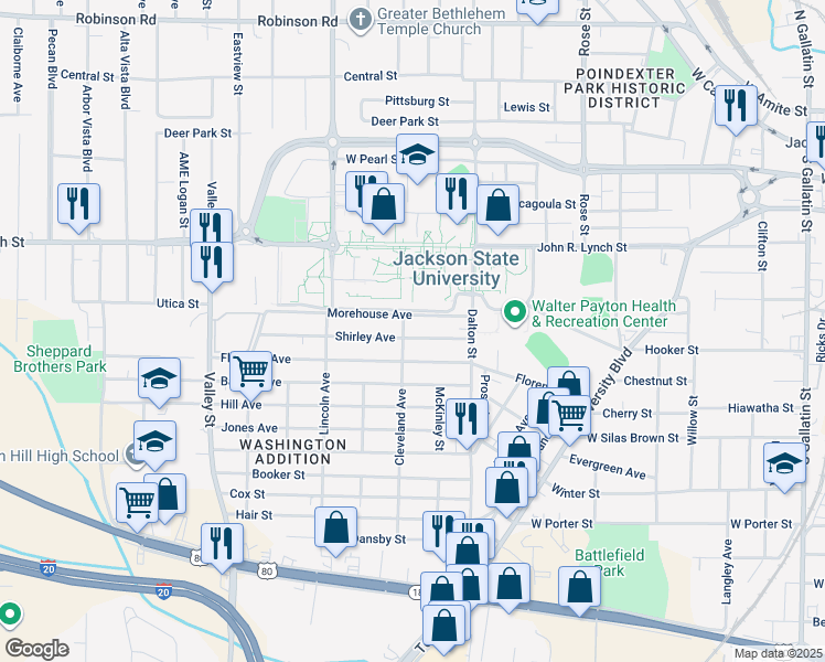 map of restaurants, bars, coffee shops, grocery stores, and more near 1380 Cleveland Avenue in Jackson