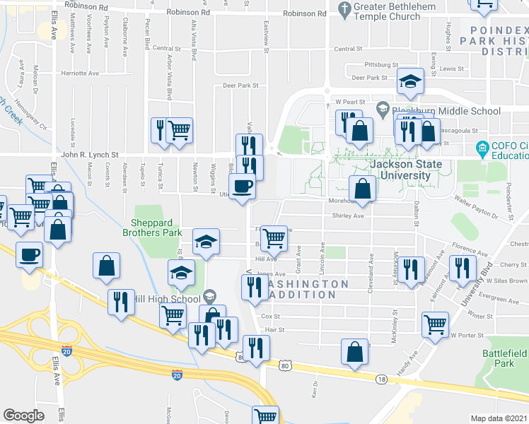 map of restaurants, bars, coffee shops, grocery stores, and more near 1409-1449 Washington Avenue in Jackson