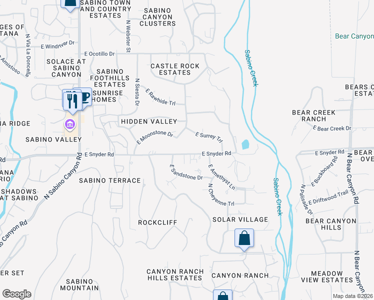 map of restaurants, bars, coffee shops, grocery stores, and more near 8340 East Surrey Trail in Tucson