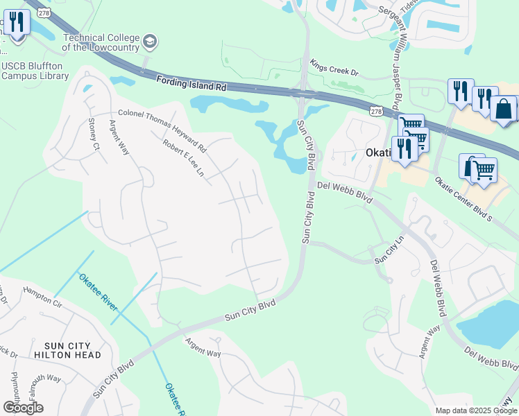 map of restaurants, bars, coffee shops, grocery stores, and more near 108 Commodore Dupont Street in Bluffton