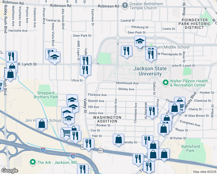 map of restaurants, bars, coffee shops, grocery stores, and more near 1639 Morehouse Avenue in Jackson